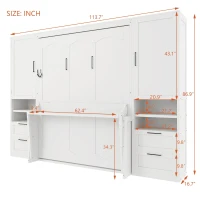 Functional Queen Murphy Bed with Side-Flip Space-Saving Design, Modern Wall Bed for Compact Bedrooms, 113.5" L x 16.5" W x 87" H, White(m-4)