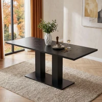 Modern Marble Effect Dining Table with Dual-Pedestal Base, Rectangular Kitchen Table for Kitchen, 71'' L x 27.5'' W x 29.5'' H, Black(m-1)