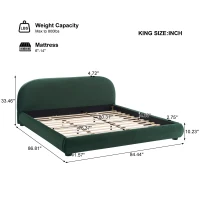 Modern Upholstered King Bed Frame with Curved Headboard, Soft Bouclé Sleeper Bed for Bedroom, 87'' L x 84.5'' W x 33.5'' H, Dark Green(m-3)