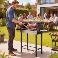 Outsunny BBQ Rotisserie Grill Charcoal, Split Roaster for Chicken Turkey, 3-Level Grill Grate, Storage Shelves, Stainless Steel(m-9)