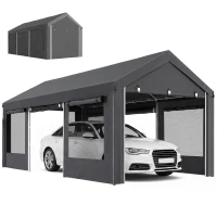Outsunny 10' x 20' Carport, Heavy Duty Portable Garage, Height Adjustable, with 4 Mesh Windows and 4 Doors, Gray(m-11)