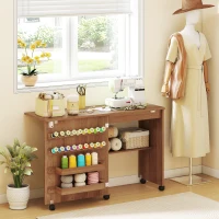 HOMCOM Sewing Machine Table on Wheels, Folding Craft Table with 2 Bins, Storage Shelf, 18 Pegs, Lockable Wheels, Brown(m-1)