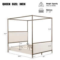 Modern 4-Poster Canopy Bed Frame with Upholstered Headboard, Steel Metal Sleeper Bed for Bedroom, 83.5'' L x 63'' W x 78.5'' H, Beige+Bronze(m-3)