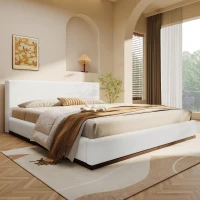 Elegant Upholstered Queen Bed Frame with Solid Wood Base Frame, Antique Fabric Platform Bed for Bedroom, 86.5'' L x 64.5'' W x 33.5'' H, Brown+White(m-4)