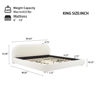 Modern Upholstered King Bed Frame with Curved Headboard, Soft Bouclé Sleeper Bed for Bedroom, 87'' L x 84.5'' W x 33.5'' H, Cream White(m-3)