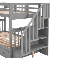 Practical Twin-Over-Twin Bunk Bed with Staircase Storage, Ideal Convertible Bunk Bed for Dorms, Children Bedrooms, 94" L x 42.5" W x 62" H, Gray(m-7)