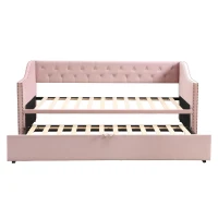 Practical Twin Upholstered Daybed with Pop-Up Trundle, Perfect Sofa Bed for Guest Rooms and Kids Rooms, 82" L x 81.5" W x 33" H, Pink(m-10)