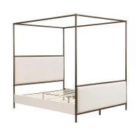 Modern 4-Poster Canopy Bed Frame with Upholstered Headboard, Steel Metal Sleeper Bed for Bedroom, 83.5'' L x 63'' W x 78.5'' H, Beige+Bronze(m-13)