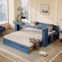 Modern Daybed with Removable Desk and Bottom Drawer, Multi-Functional Sofa Bed for Compact Apartments, 82" L x 71.5" W x 25.5" H, Blue(m-6)