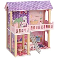 Qaba Wooden Doll House for Girls with 5 Rooms, Dolls, Furniture, DIY Pretend Dollhouse Playset, Gift for Kids Ages 3-6, Pink(m-2)