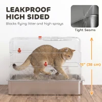 PawHut Stainless Steel Cat Litter Box with Lid, Enclosed High Sided Litter Box with Step, Metal Scoop, Grey(m-6)