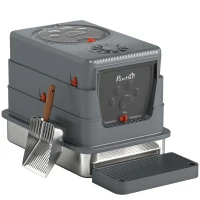 PawHut Stainless Steel Cat Litter Box with Lid, Enclosed High Sided Litter Box with Step, Metal Scoop, Grey(m-2)