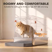 PawHut Stainless Steel Cat Litter Box with Lid, Enclosed High Sided Litter Box with Step, Metal Scoop, Grey(m-4)