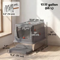 PawHut Stainless Steel Cat Litter Box with Lid, Enclosed High Sided Litter Box with Step, Metal Scoop, Grey(m-3)
