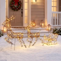 Outsunny 3-Piece Lighted Reindeer and Sleigh Set, PP Rattan Outdoor Christmas Decoration with LEDs, 8 Modes, Daily Timer(m-1)