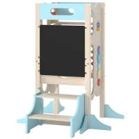 Qaba 6-in-1 Toddler Kitchen Step Stool Helper, Montessori Toddler Standing Tower w/ Blackboard for 3-6 Year, Blue