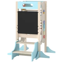 Qaba 6-in-1 Toddler Kitchen Step Stool Helper, Montessori Toddler Standing Tower w/ Blackboard for 3-6 Year, Blue(m-1)
