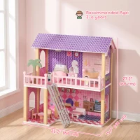 Qaba Wooden Doll House for Girls with 5 Rooms, Dolls, Furniture, DIY Pretend Dollhouse Playset, Gift for Kids Ages 3-6, Pink(m-3)