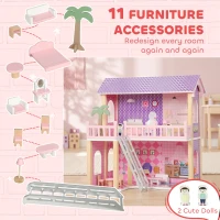 Qaba Wooden Doll House for Girls with 5 Rooms, Dolls, Furniture, DIY Pretend Dollhouse Playset, Gift for Kids Ages 3-6, Pink(m-5)