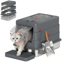 PawHut Stainless Steel Cat Litter Box with Lid, Enclosed High Sided Litter Box with Step, Metal Scoop, Grey(m-13)