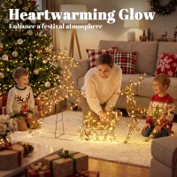 Outsunny 3-Piece Lighted Reindeer and Sleigh Set, PP Rattan Outdoor Christmas Decoration with LEDs, 8 Modes, Daily Timer(m-4)