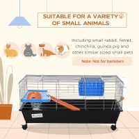 PawHut Small Animal Cage, Rolling Bunny Cage, Guinea Pig Cage with Food Dish, Water Bottle, Hay Feeder, Platform, Ramp, Black(m-4)