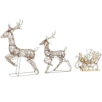 Outsunny 3-Piece Lighted Reindeer and Sleigh Set, PP Rattan Outdoor Christmas Decoration with LEDs, 8 Modes, Daily Timer(m-13)