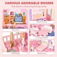 Qaba Wooden Doll House for Girls with 5 Rooms, Dolls, Furniture, DIY Pretend Dollhouse Playset, Gift for Kids Ages 3-6, Pink(m-4)