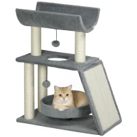 PawHut Small Cat Tree with Perch, Scratching Posts, Pad, Bed, Toy Balls, Light Grey(m-9)