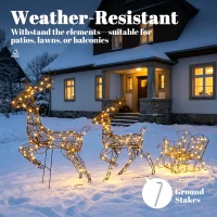 Outsunny 3-Piece Lighted Reindeer and Sleigh Set, PP Rattan Outdoor Christmas Decoration with LEDs, 8 Modes, Daily Timer(m-7)