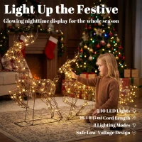 Outsunny 3-Piece Lighted Reindeer and Sleigh Set, PP Rattan Outdoor Christmas Decoration with LEDs, 8 Modes, Daily Timer(m-5)