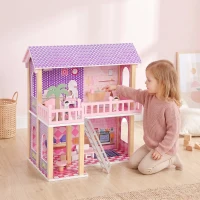 Qaba Wooden Doll House for Girls with 5 Rooms, Dolls, Furniture, DIY Pretend Dollhouse Playset, Gift for Kids Ages 3-6, Pink(m-8)