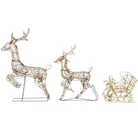 Outsunny 3-Piece Lighted Reindeer and Sleigh Set, PP Rattan Outdoor Christmas Decoration with LEDs, 8 Modes, Daily Timer(m-2)