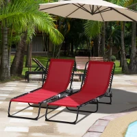 Outsunny Set of 2 Folding Chaise Lounge Chairs, Outdoor Sun Tanning Chairs with Reclining Back, Wine Red(m-10)