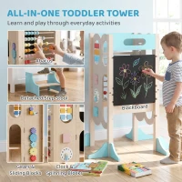 Qaba 6-in-1 Toddler Kitchen Step Stool Helper, Montessori Toddler Standing Tower w/ Blackboard for 3-6 Year, Blue(m-5)