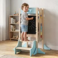 Qaba 6-in-1 Toddler Kitchen Step Stool Helper, Montessori Toddler Standing Tower w/ Blackboard for 3-6 Year, Blue(m-8)