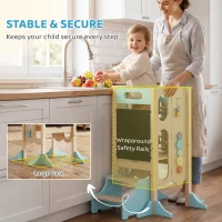 Qaba 6-in-1 Toddler Kitchen Step Stool Helper, Montessori Toddler Standing Tower w/ Blackboard for 3-6 Year, Blue(m-4)