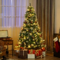 HOMCOM 6ft Flocked Prelit Christmas Tree Spruce, Dual Colour, Remote, Hinged Artificial Xmas Tree with Pinecones, Berries(m-1)