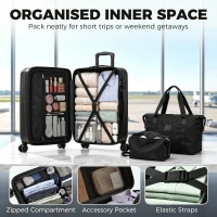 HOMCOM 3-Piece Luggage Set, Expandable Carry On Suitcase Set with Travel Duffel Bag, Toiletry Bag, TSA Lock, Hard Shell, Black(m-6)