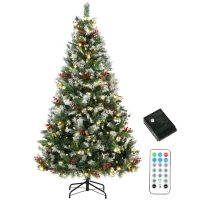 HOMCOM 7ft Flocked Prelit Christmas Tree Spruce, Dual Colour, Remote, Hinged Artificial Xmas Tree with Pinecones, Berries(m-2)