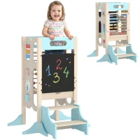 Qaba 6-in-1 Toddler Kitchen Step Stool Helper, Montessori Toddler Standing Tower w/ Blackboard for 3-6 Year, Blue(m-11)