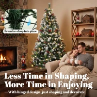 HOMCOM 6ft Flocked Prelit Christmas Tree Spruce, Dual Colour, Remote, Hinged Artificial Xmas Tree with Pinecones, Berries(m-7)