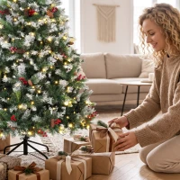 HOMCOM 7ft Flocked Prelit Christmas Tree Spruce, Dual Colour, Remote, Hinged Artificial Xmas Tree with Pinecones, Berries(m-11)