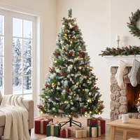 HOMCOM 6ft Flocked Prelit Christmas Tree Spruce, Dual Colour, Remote, Hinged Artificial Xmas Tree with Pinecones, Berries(m-8)