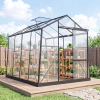 Outsunny 6' x 8' Walk-in Polycarbonate Greenhouse Aluminium Green House with Sliding Door, 5-Level Roof Vent, Rain Gutter(m-1)