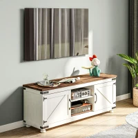HOMCOM Farmhouse TV Stand Small Minimalist Barn Doors Cable Management for 65" TV Small Space Apartment Distressed White(m-10)