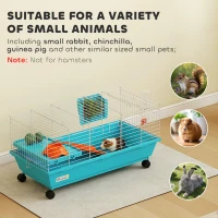 PawHut 35"L Small Animal Cage, Rolling Bunny Cage, Guinea Pig Cage with Wheels, Food Dish, Water Bottle, Hay Feeder, Blue(m-4)