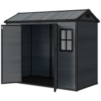 Outsunny 8 x 4 ft Plastic Garden Shed, Wood-Effect Outdoor Storage Shed with Floor, Windows, Lockable Doors and Vents, Dark Grey(m-2)