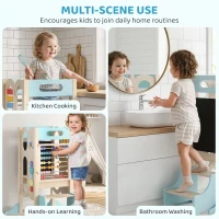 Qaba 6-in-1 Toddler Kitchen Step Stool Helper, Montessori Toddler Standing Tower w/ Blackboard for 3-6 Year, Blue(m-6)