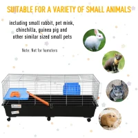 PawHut 47" Small Animal Cage, Rolling Guinea Pig Cage with Food Dish, Water Bottle, Hay Feeder, Platform, Ramp, Black(m-4)